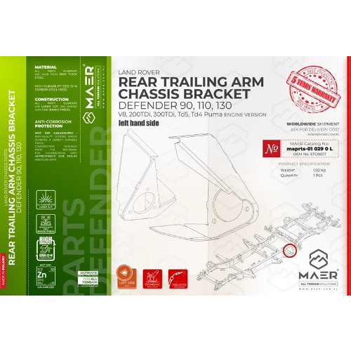MAER Defender 90 /110 / 130 / V8 / 2/300 Tdi / Td5 / Tdci Puma Rear Trailing Arm Chassis Bracket Left - maprts-01 029 0 L