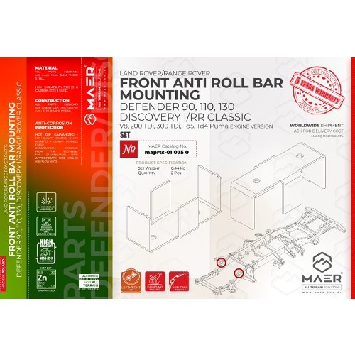 maprts-010750 MAER Defender 90/ 110/ 130 / Discovery I / Range Rover Classic / V8 / 2/300 Tdi / Td5 / Tdci Puma Front Anti Roll Bar Mounting