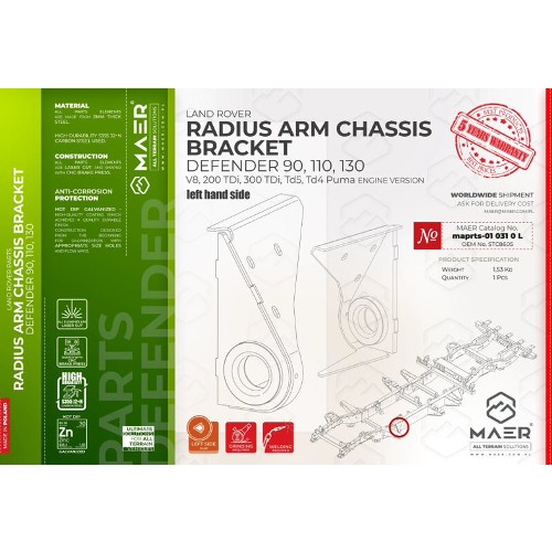 maprts-010310L MAER Defender 90/ 110/ 130 / V8 / 2/300 Tdi / Td5 / Tdci Puma Radius Arm Chassis Bracket Left
