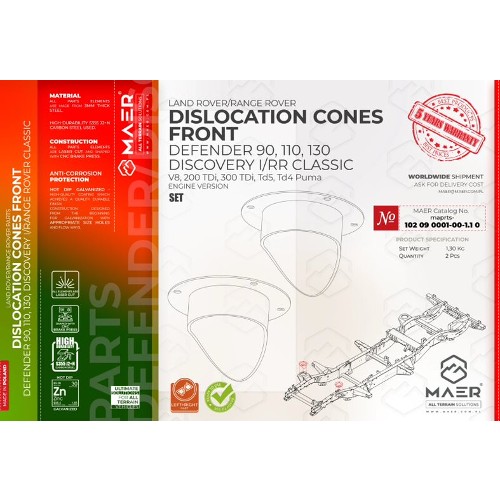 maprts-102090001-00-1.1 0 MAER Defender 90/ 110/ 130 / Discovery I /Range Rover Classic / V8 / 2/300 Tdi / Td5 / Tdci Puma Dislocation Cones Front
